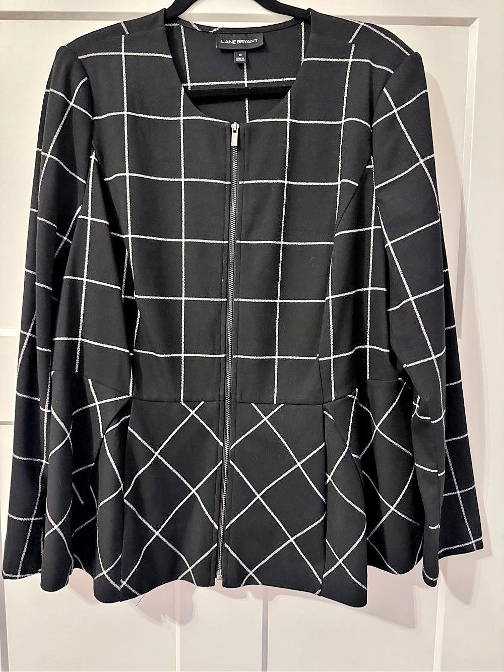 Lane Bryant Windowpane Peplum Zip-Front Jacket Black & White Size 16